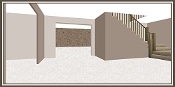 A brown room with side stairs